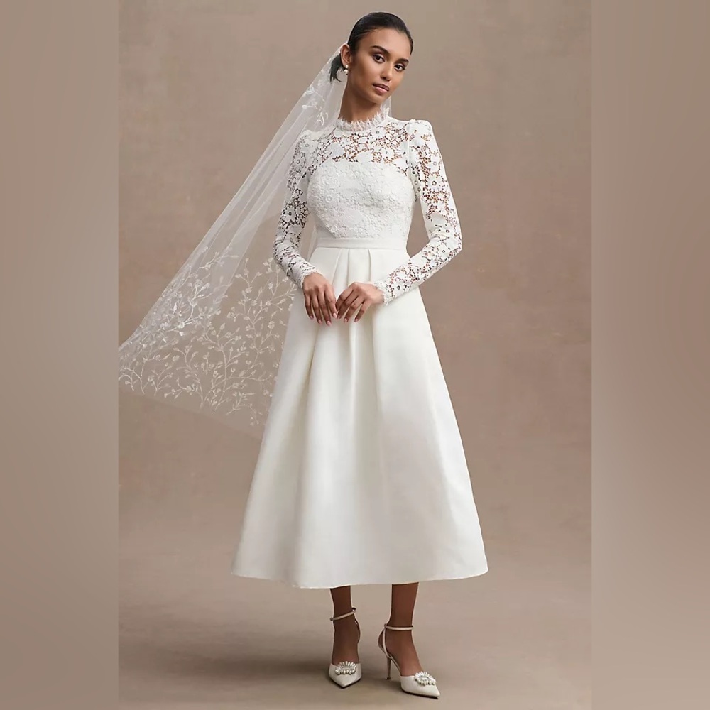 Sachin & Babi Cecelia Lace-Sleeve A-line Pleated Midi Dress Bridal White Ivory 2